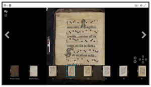screenshot of the viewer, showing a large page with musical notations and a carousel view of other pages below.