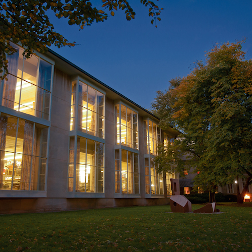 Hayden Library at dusk