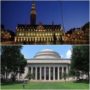 Top color photograph of KU-Leuven library at night, and bottom domed building 10 seen across a green lawn