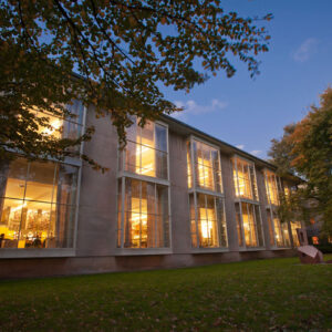 Hayden Library exterior at night