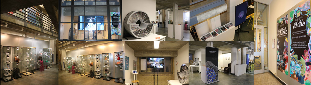 Photo montage of exhibit showing posters, exhibit cases, video monitors, and objects