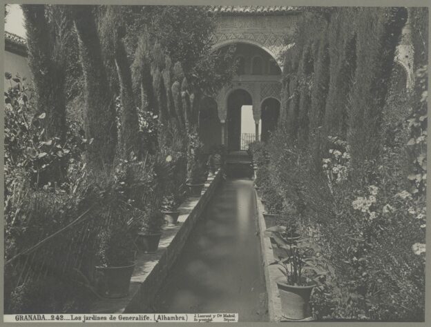 Black and white photograph of the Generalife: Patio de la Acequia: view along central axis.