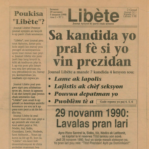 Detail of front page of Haitian newspaper Libete from Nov. 1990