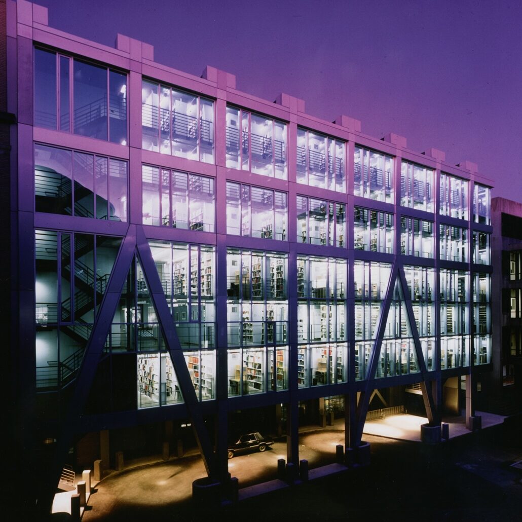 Rotch Library exterior at night