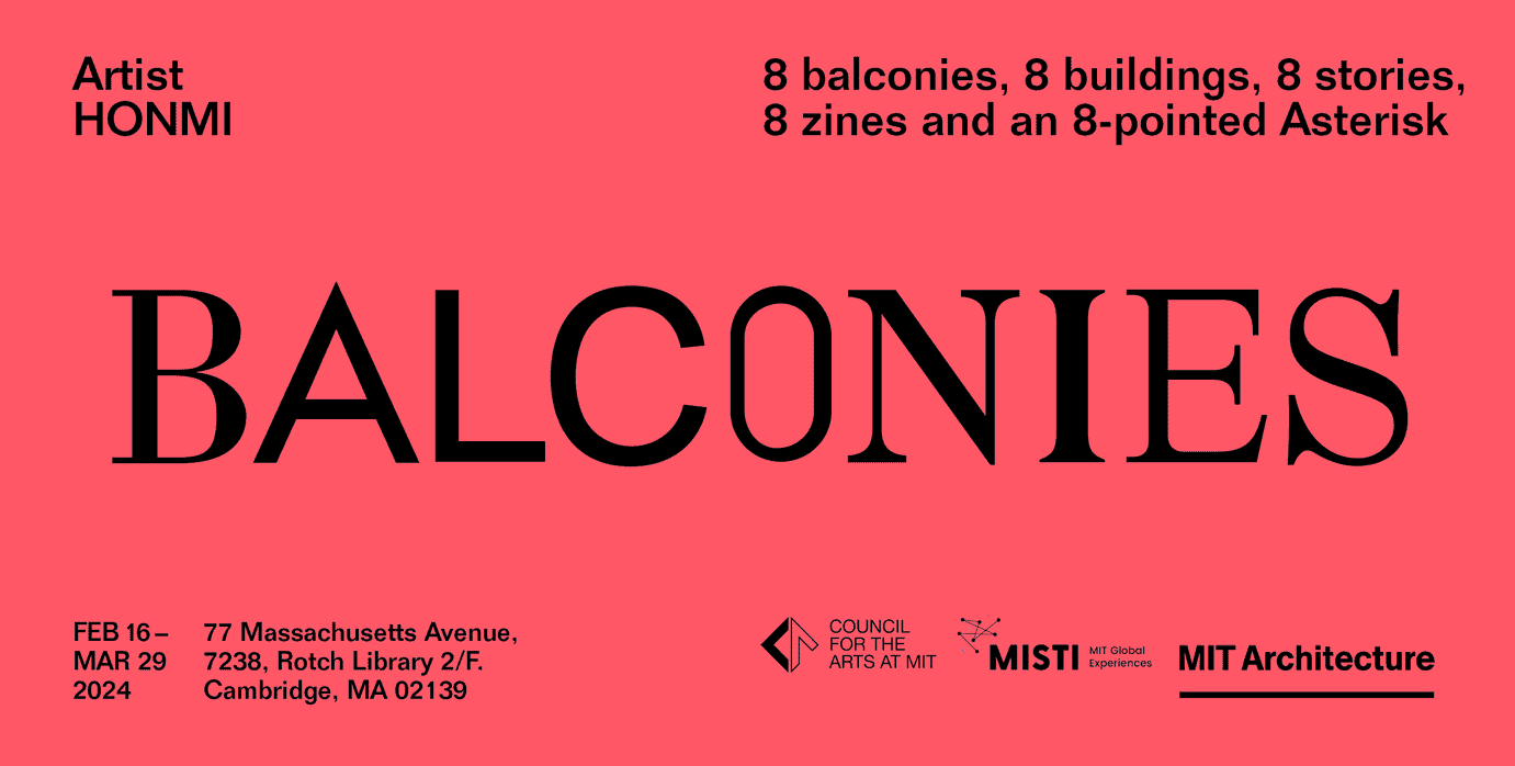 Poster for the Balconies show displaying show information on a red background.