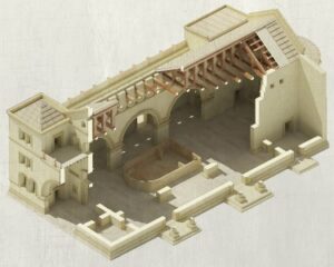 Diagram of settlement in Syria carved out of limestone. The diagram shows a building with a courtyard and several arches that lead to a hallway