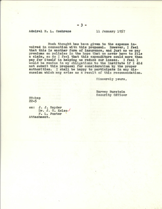 Letter, Harvey Burstein to Admiral Edward L. Cochrane, 11 January 1957
