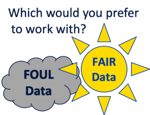 Image of a dark cloud for FOUL data and a yellow sun for FAIR data with the question: Which would you prefer to work with?