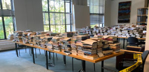 Piles of books on tables at Rotch Library
