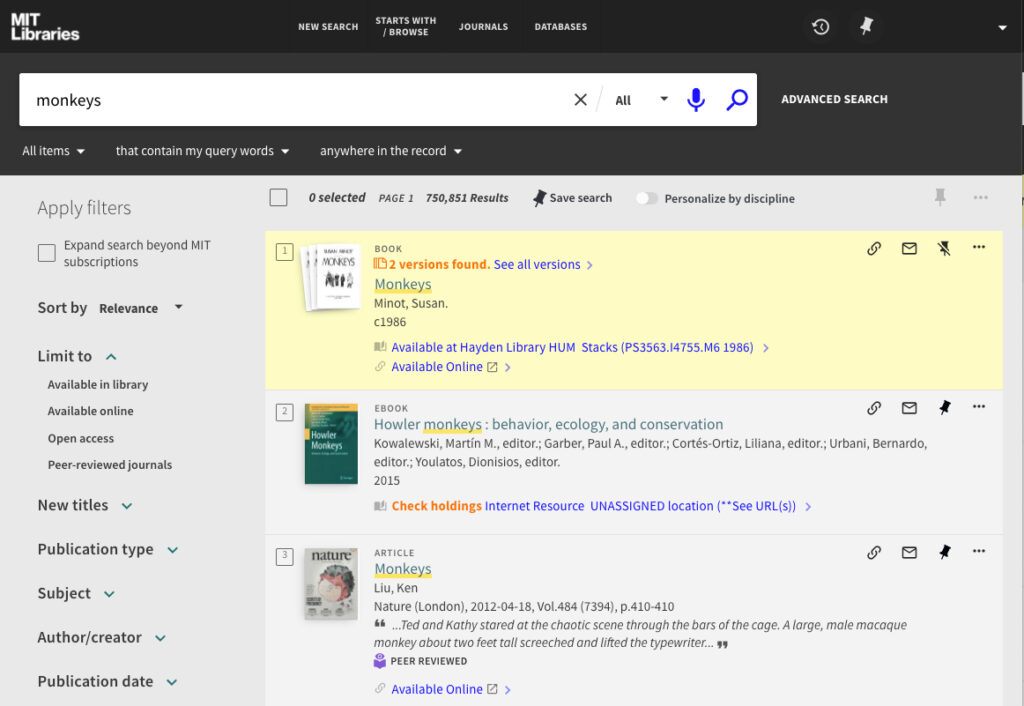 Screenshot of Primo interface showing search results for "monkeys"