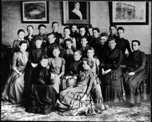Black and white photo of a group of women students in 1893