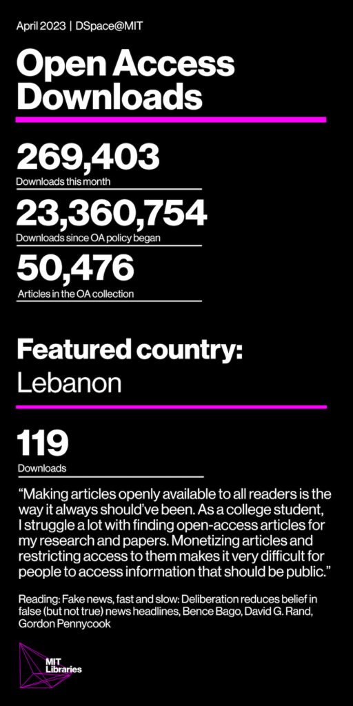 Downloads this month 269,403; Downloads since OA policy began 23,360,754; Articles in the OA collection 50,476; Featured country: Lebanon,119 downloads 