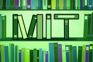 An illustration of a bookshelf with book spines spelling "MIT"