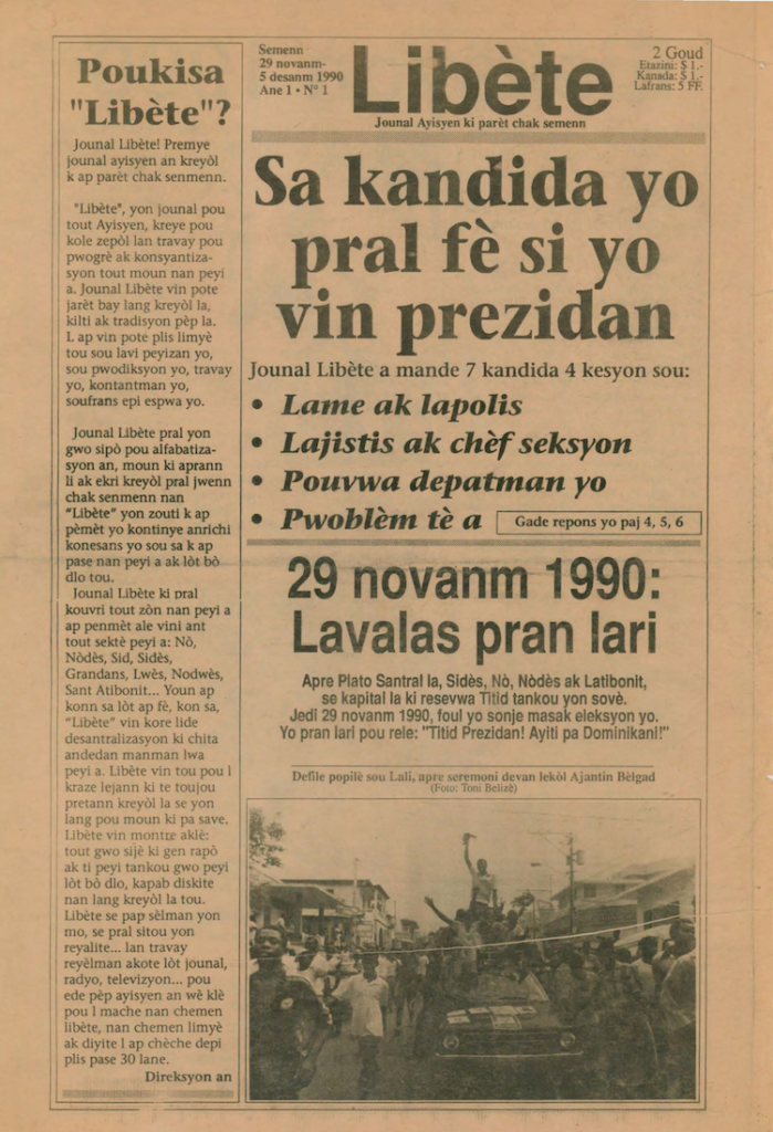 Front page of the November 29, 1990, issue of Libete newspaper