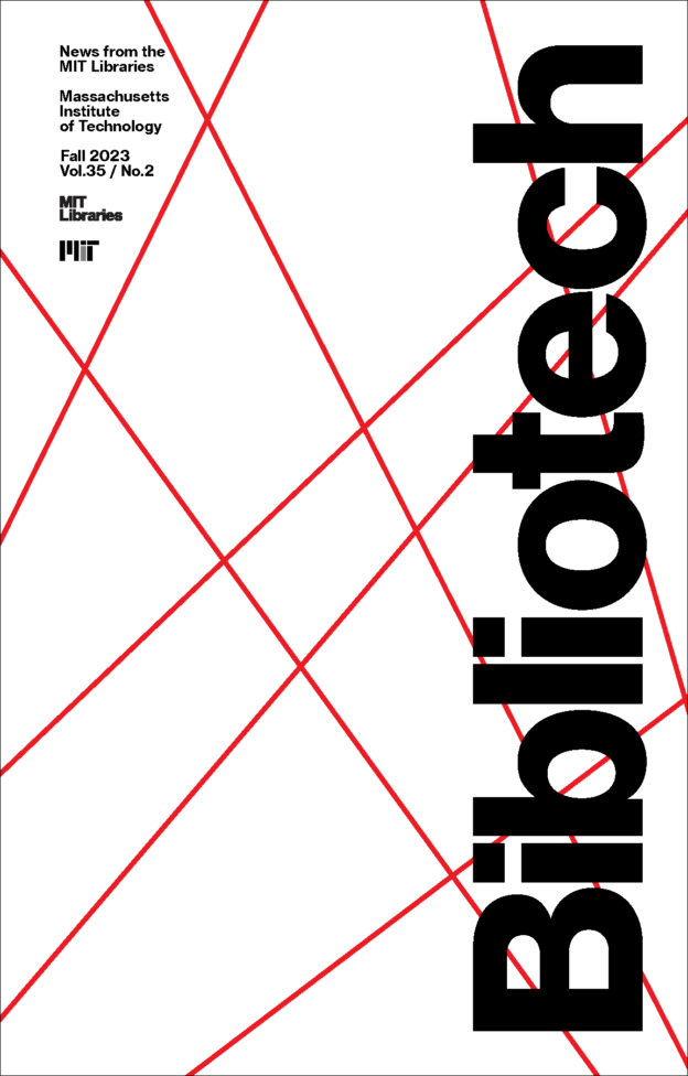 Cover of the publication "Bibliotech" with a white cover and red diagonal lines and the title in black text.