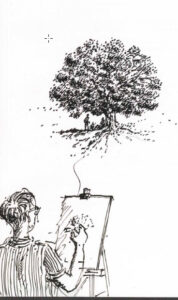 A drawing of a person at an easel drawing in the foreground with a large tree in the distance.