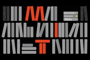 An illustration of books on shelves with the text "Summer Reading 2024"