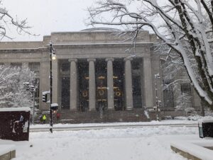 MIT's Building 7 in the snow