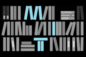 A graphic of book spines on shelves; blue books spell out "MIT"