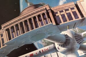 Illustration of MIT's Building 10 on top of a spacecraft circling Earth