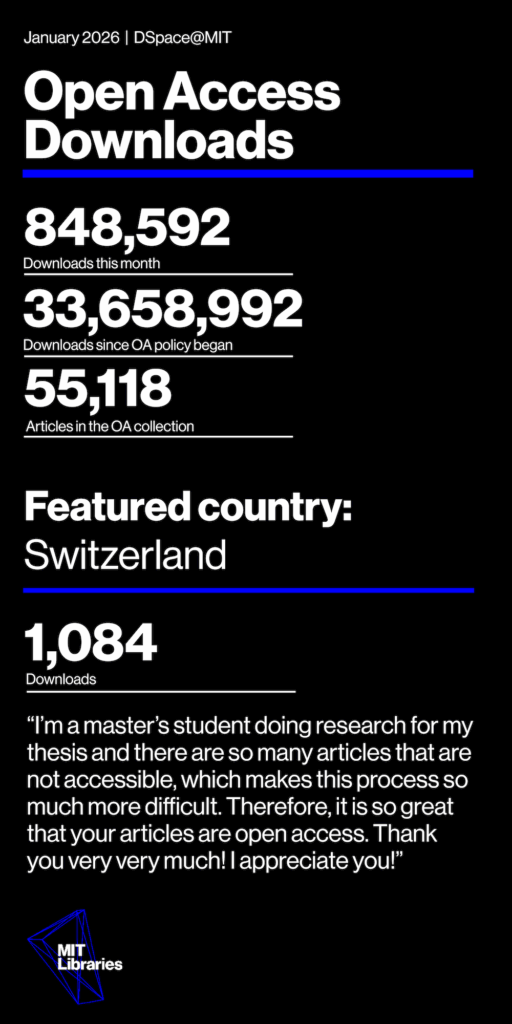 January 2026 Open Access Downloads, DSpace@MIT. Downloads this month: 848,592. Downloads since OA policy began: 33,658,992. Articles in the OA collection: 55,118. Featured country: Switzerland; 1,084 downloads. "I'm a master’s student doing research for my thesis and there are so many articles that are not accessible, which makes this process so much more difficult. Therefore, it is so great that your articles are open access. Thank you very very much! I appreciate you!"