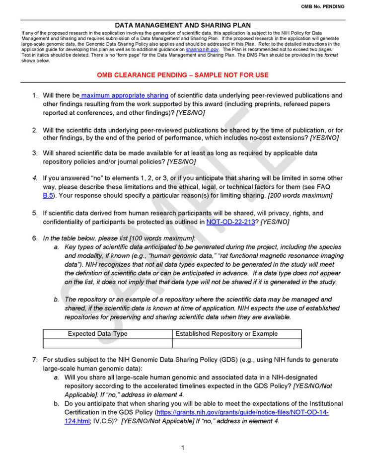 Sample NIH Data Management Plan format
