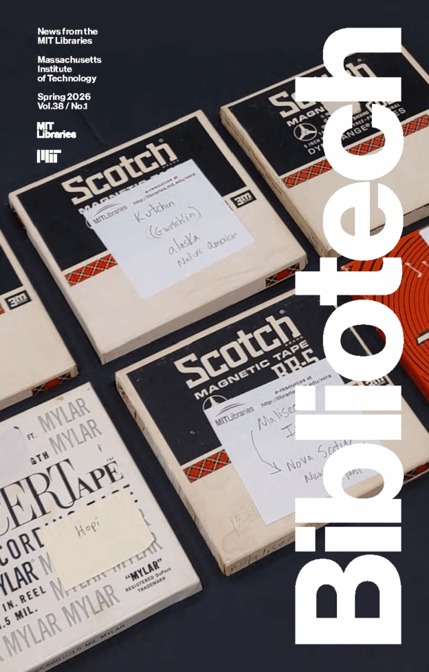 Cover of Spring 2026 Bibliotech showing boxes of audio recording tapes.