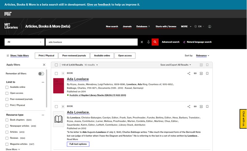 screenshot of search results for Ada Lovelace